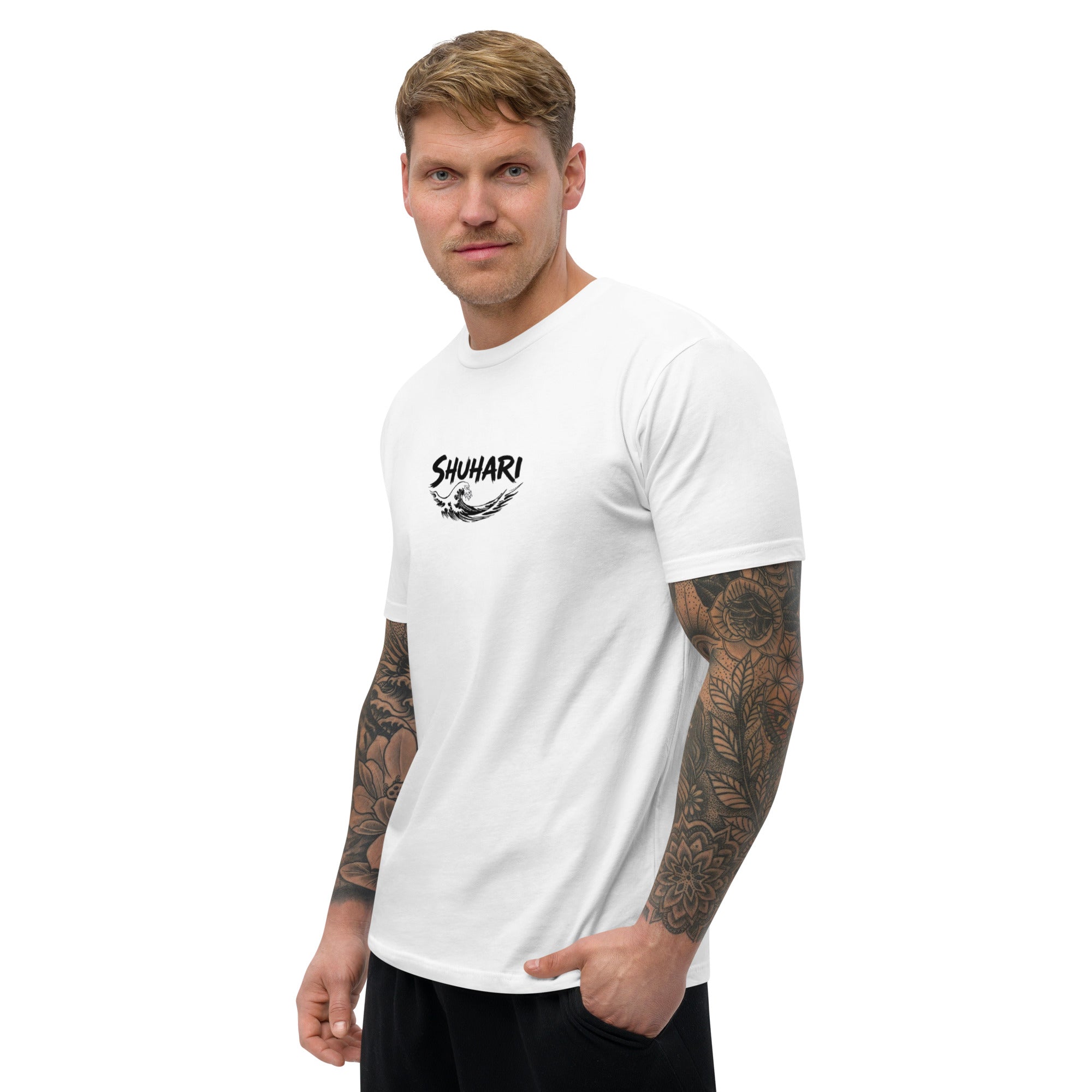 Camiseta manga corta Shuhari BJJ blanca vista frontal izquierda – artes marciales