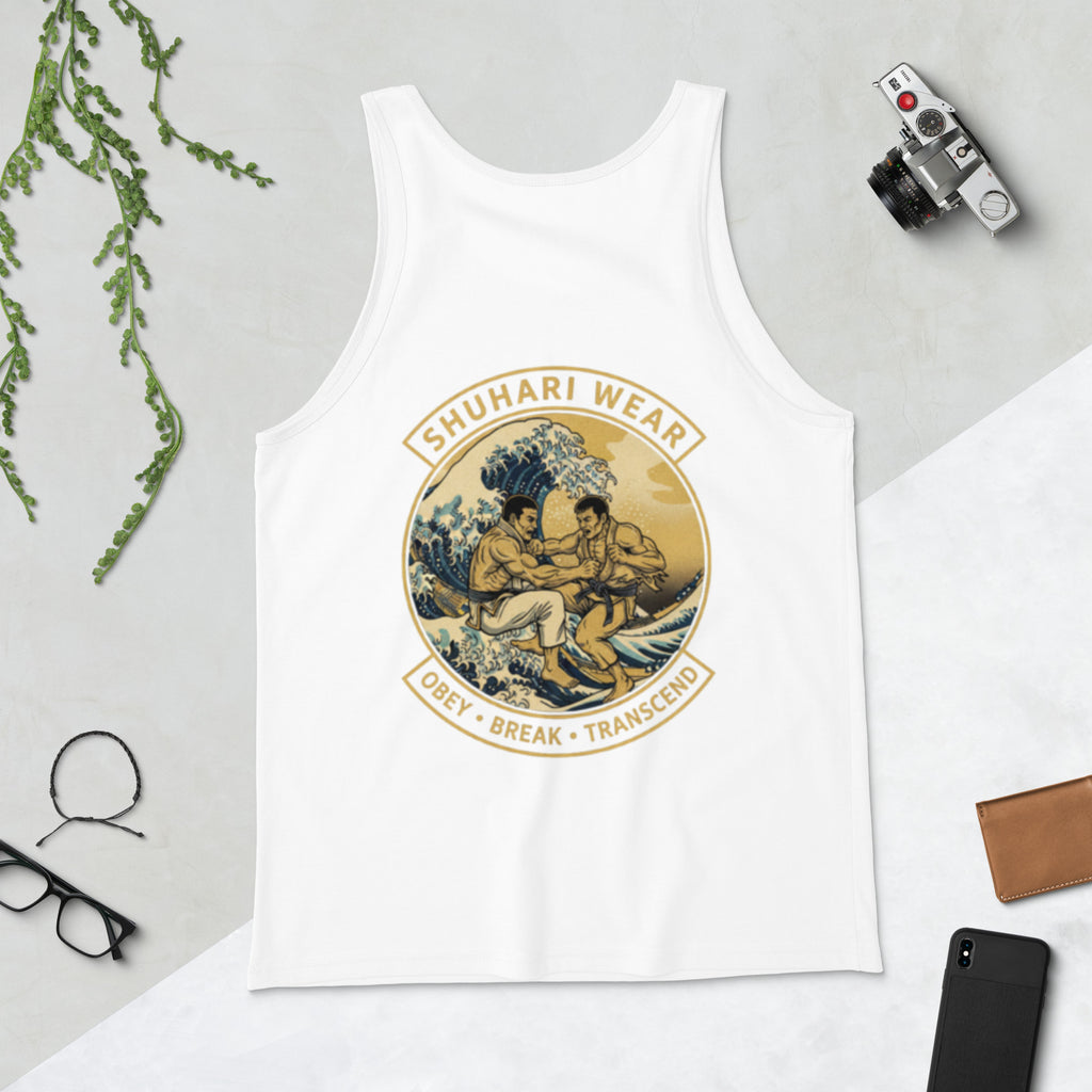 Camiseta sin mangas Shuhari BJJ blanca vista trasera – artes marciales