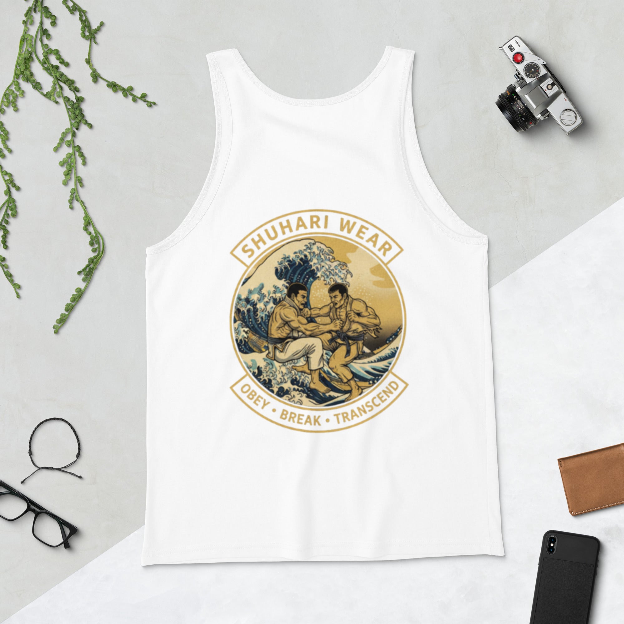 Camiseta sin mangas Shuhari BJJ blanca vista trasera – artes marciales