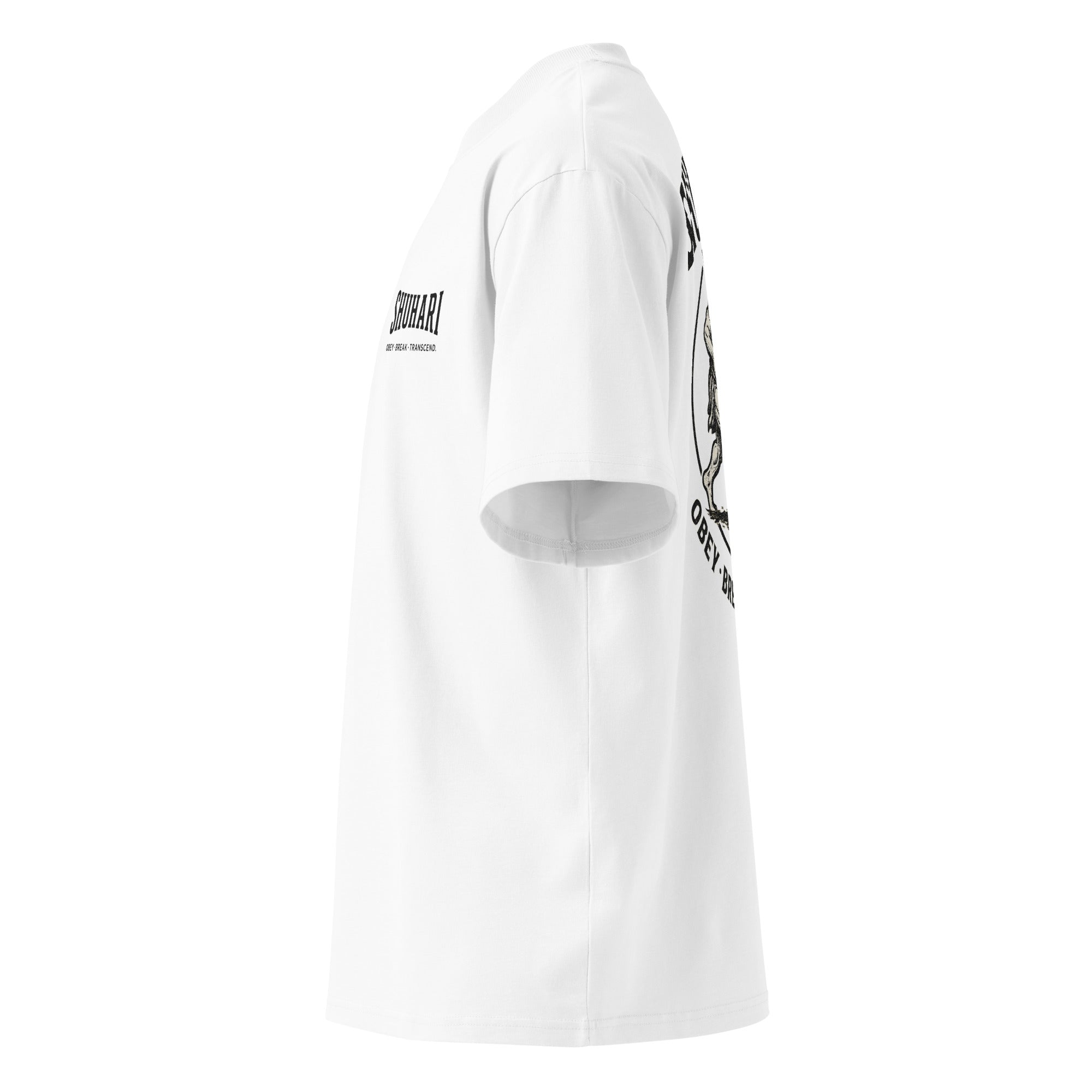 Camiseta Oversize Orgánica Shuhari BJJ blanca vista lateral izquierda – artes marciales